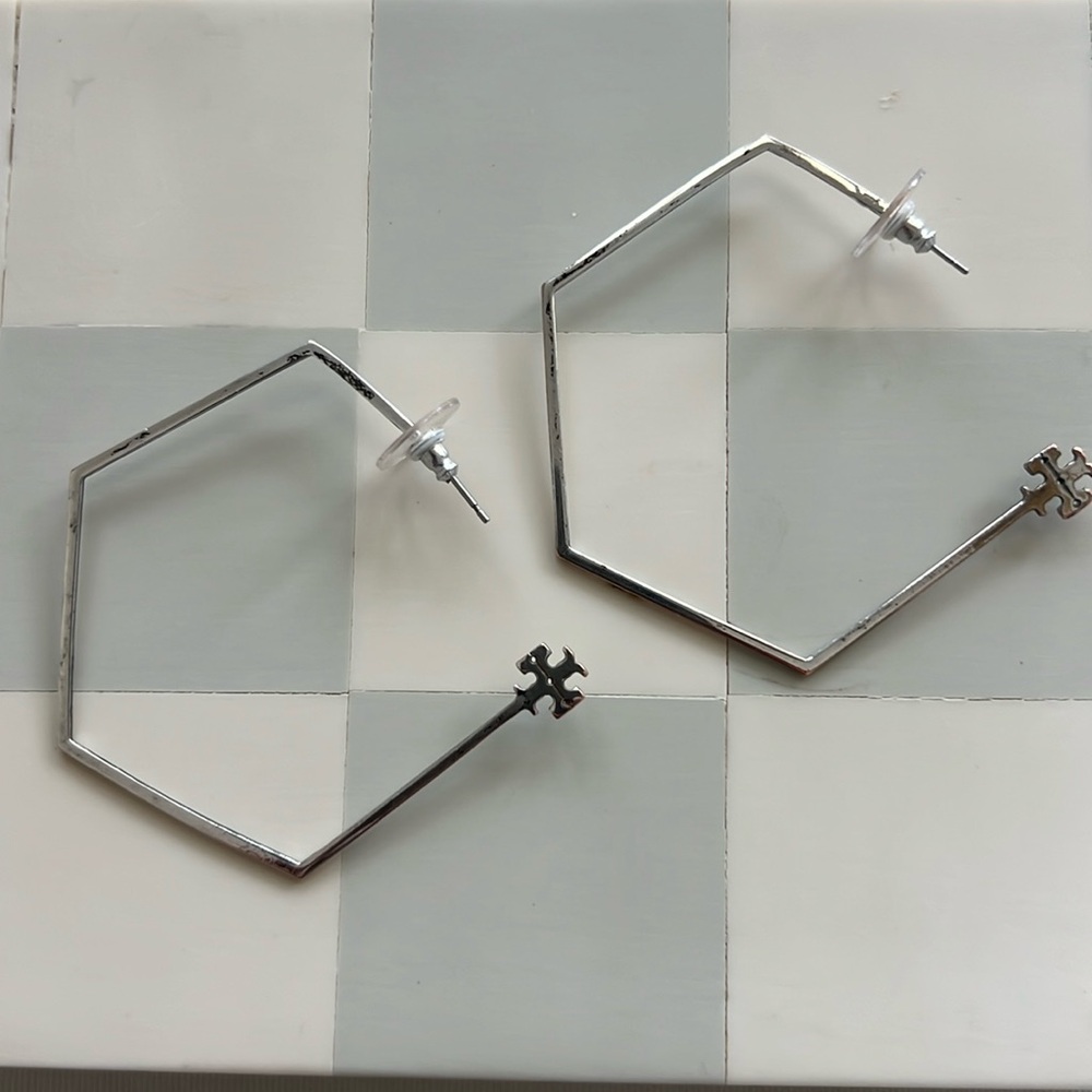 Tory Burch Large Hex Hoops - Silver